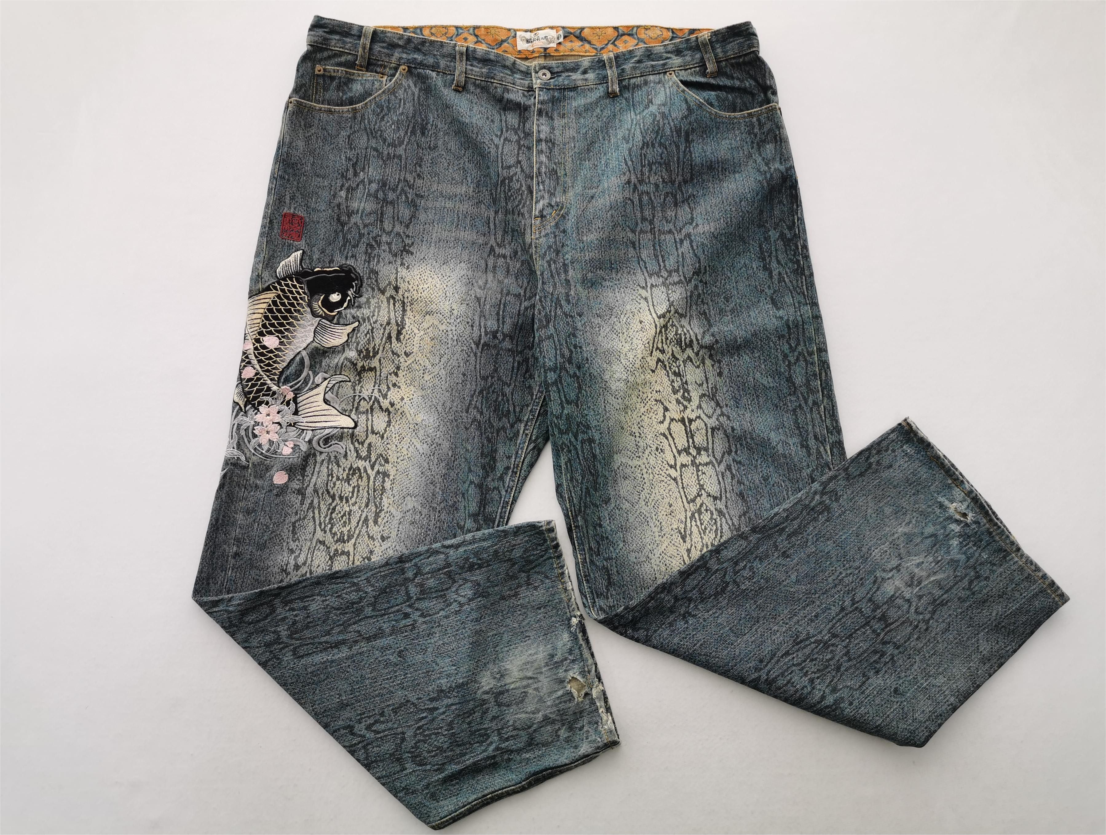 Vintage Karakuri Tamashi Koi Embroidery Denim Big Size 44