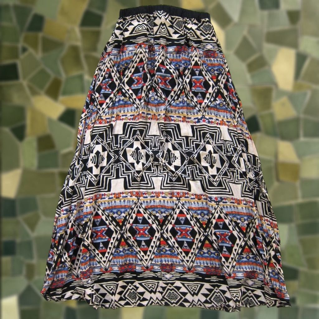 Vintage Angie Skirt Geometric Maxi Long 100% Rayon Black Orange Blue Women L Adult Small Size 36" / US 14 / IT 50 - 1 Thumbnail