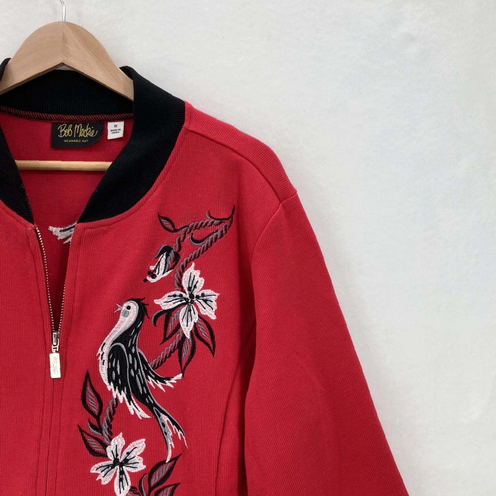 Bob Mackie VINTAGE Bob Mackie Wearable Art Sweater Womens 1X Red Zip Up Embroidered Bird Floral Size XL / US 12-14 / IT 48-50 - 2 Thumbnail