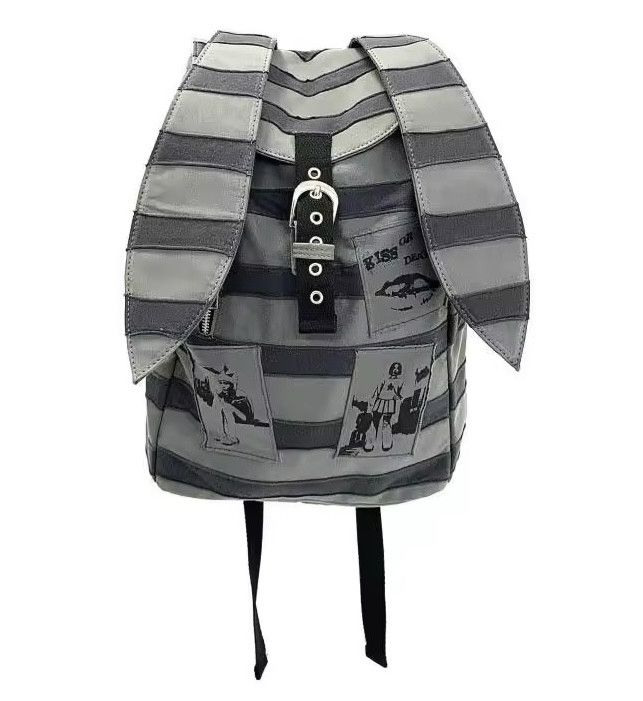 Japanese Brand Kawaii Rabbit Ear Contrast Color Striped Backpack Size ONE SIZE - 4 Thumbnail