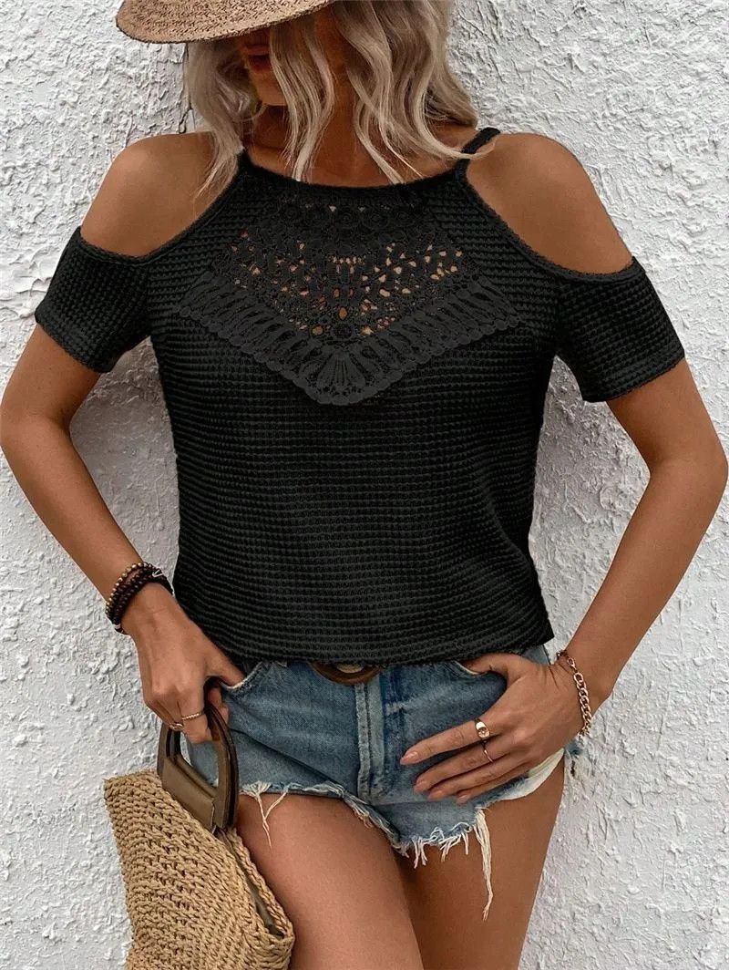 Other Lace Patchwork Knitting Off-the-shoulder Strap T-shirt Top Size L / US 10 / IT 46 - 1 Thumbnail