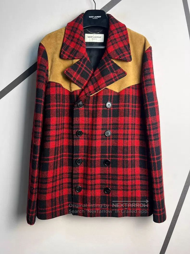 Saint Laurent Paris Saint Laurent Paris Suede Patchwork Red Plaid Wool Coat Size US M / EU 48-50 / 2 - 1 Thumbnail