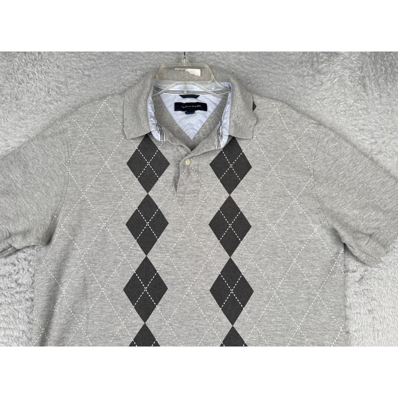 Tommy Hilfiger Tommy Hilfiger Polo Shirt Men Large Gray Argyle 100% Cotton Short Sleeve Slim Fit Shirt Mens Defaults Size US L / EU 52-54 / 3 - 4 Thumbnail