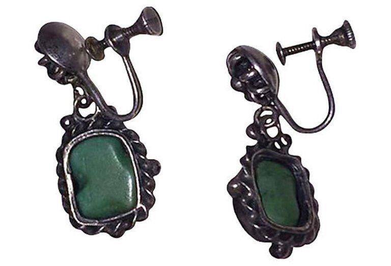 Designer Chinese Sterling Silver Turquoise Drop Earrings Size ONE SIZE - 4 Thumbnail