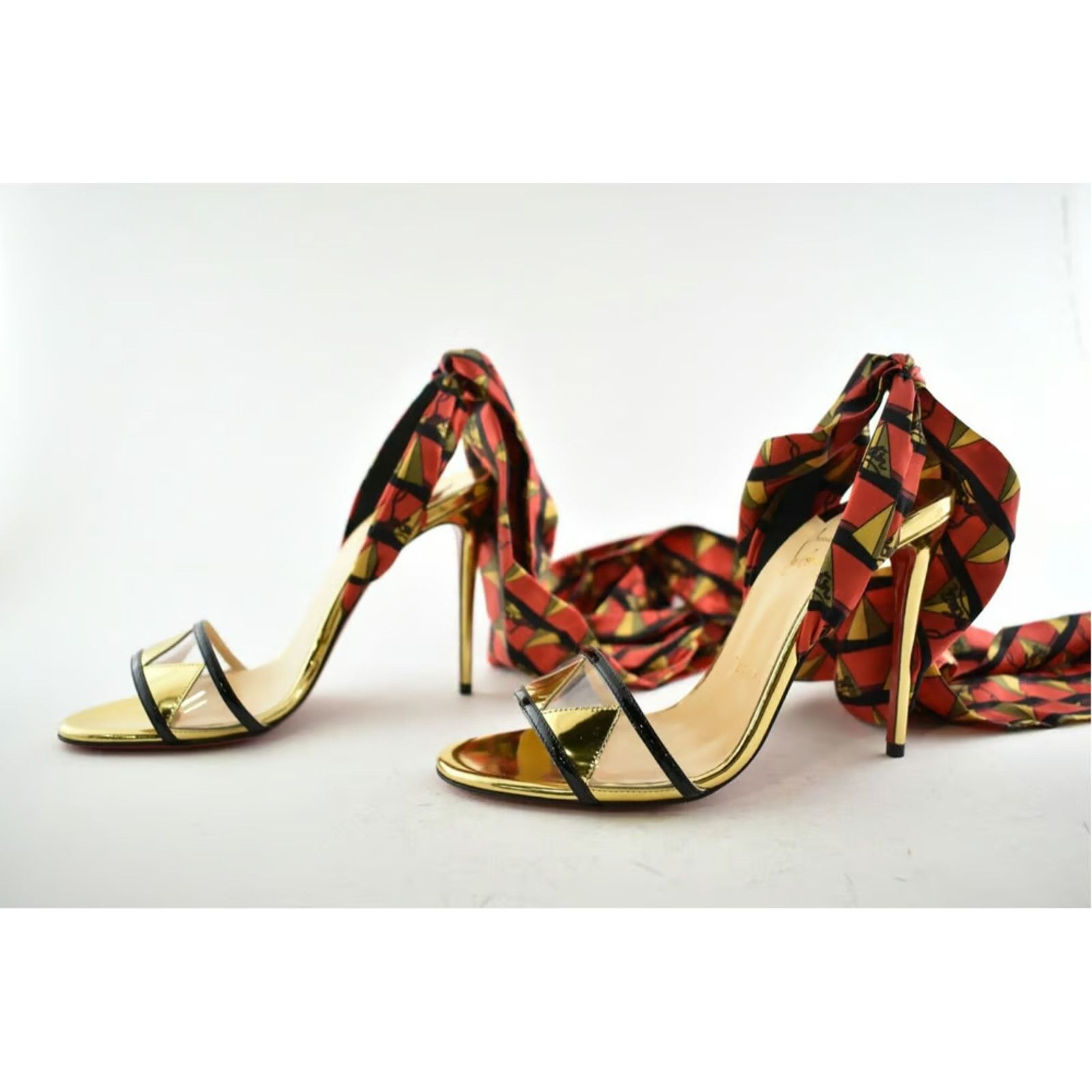 Christian Louboutin Baigneuse 100 Black Gold Red Lace Up Sandal Heel Pump 36.5 Size US 6.5 / IT 36.5 - 2 Thumbnail