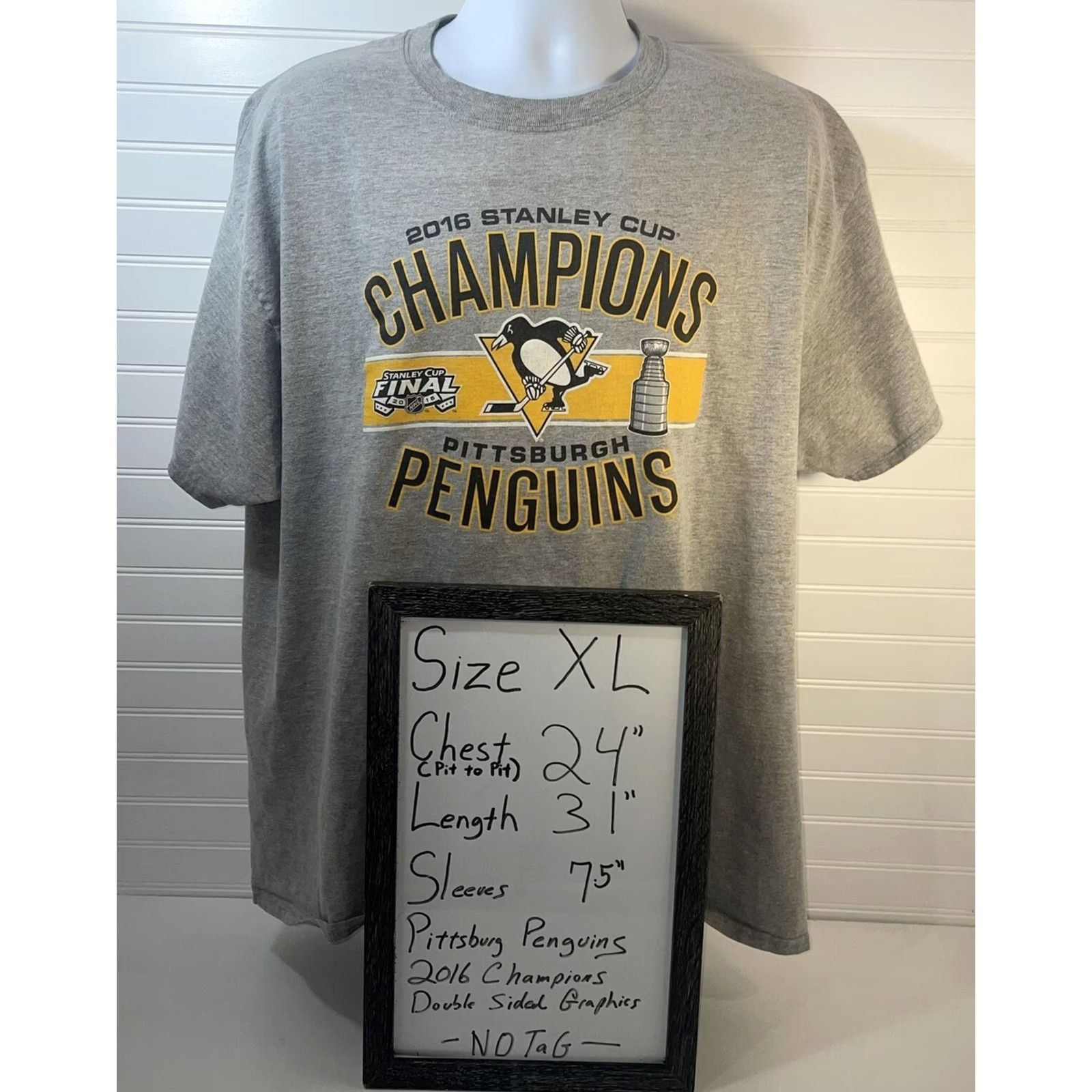Champion Pittsburgh Penguins Shirt Men XL 2016 Champions Heather Gray Double Sided Graphic Print Crew Neck Short Sleeve Cotton Knit Vintage? No Size US XL / EU 56 / 4 - 7 Thumbnail