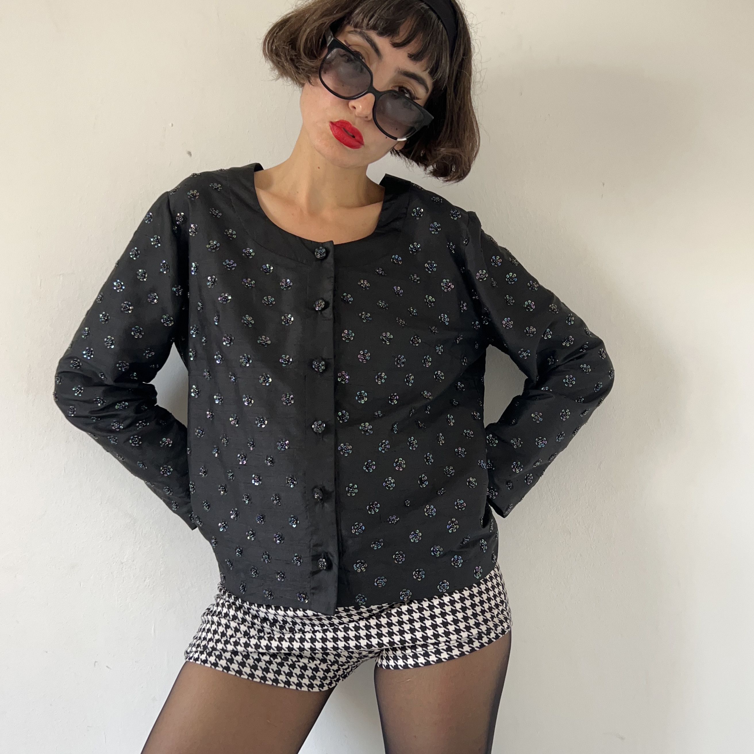Vintage Vintage 80s party embellished floral silk black blazer Size L / US 10 / IT 46 - 1 Thumbnail