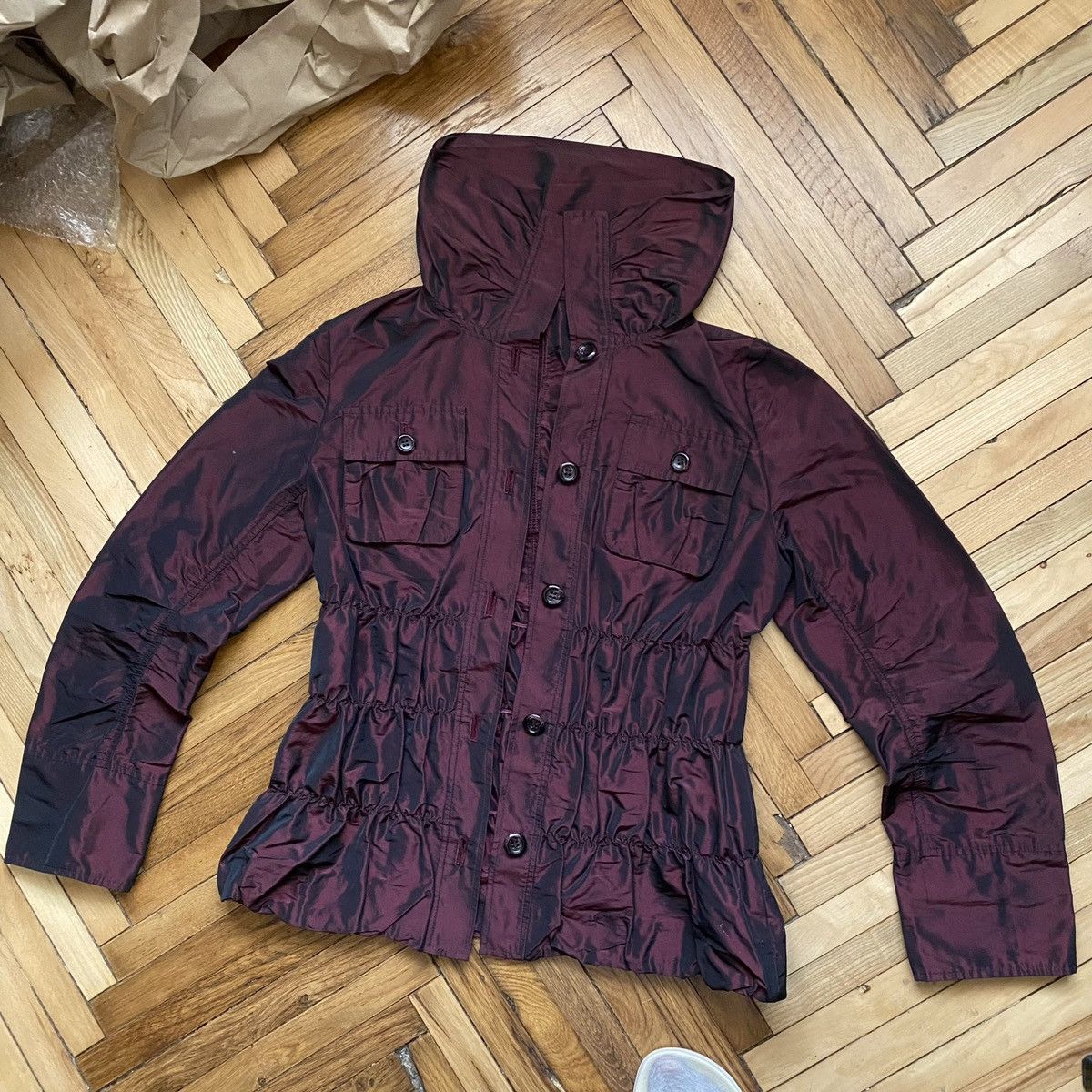 Japanese Tech Shirred Jacket – Wine Red Gloss Nylon ERD Punk