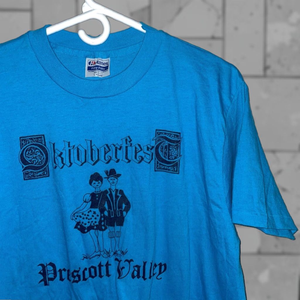 Hanes VINTAGE Hanes T-Shirt Blue Oktoberfest Prescott Valley USA Mens L Single Stitch Shirt Size US L / EU 52-54 / 3 - 1 Thumbnail