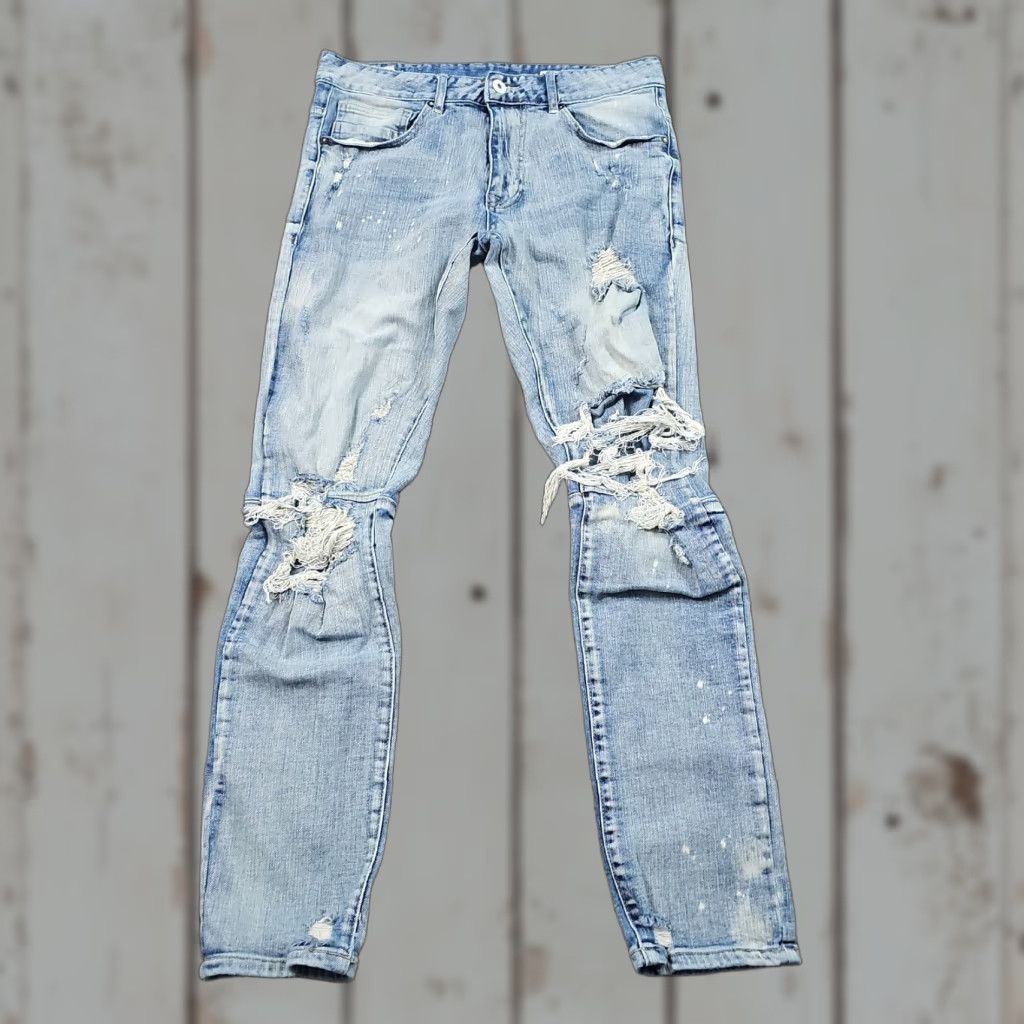 Denime Smoke Rise Jeans Mens 34 Skinny Distressed Paint Splatter Stretch Denim 31x31 Jeans Mens Skinny Distressed Blue 90s? No vintage. Size US 34 / EU 50 - 1 Thumbnail