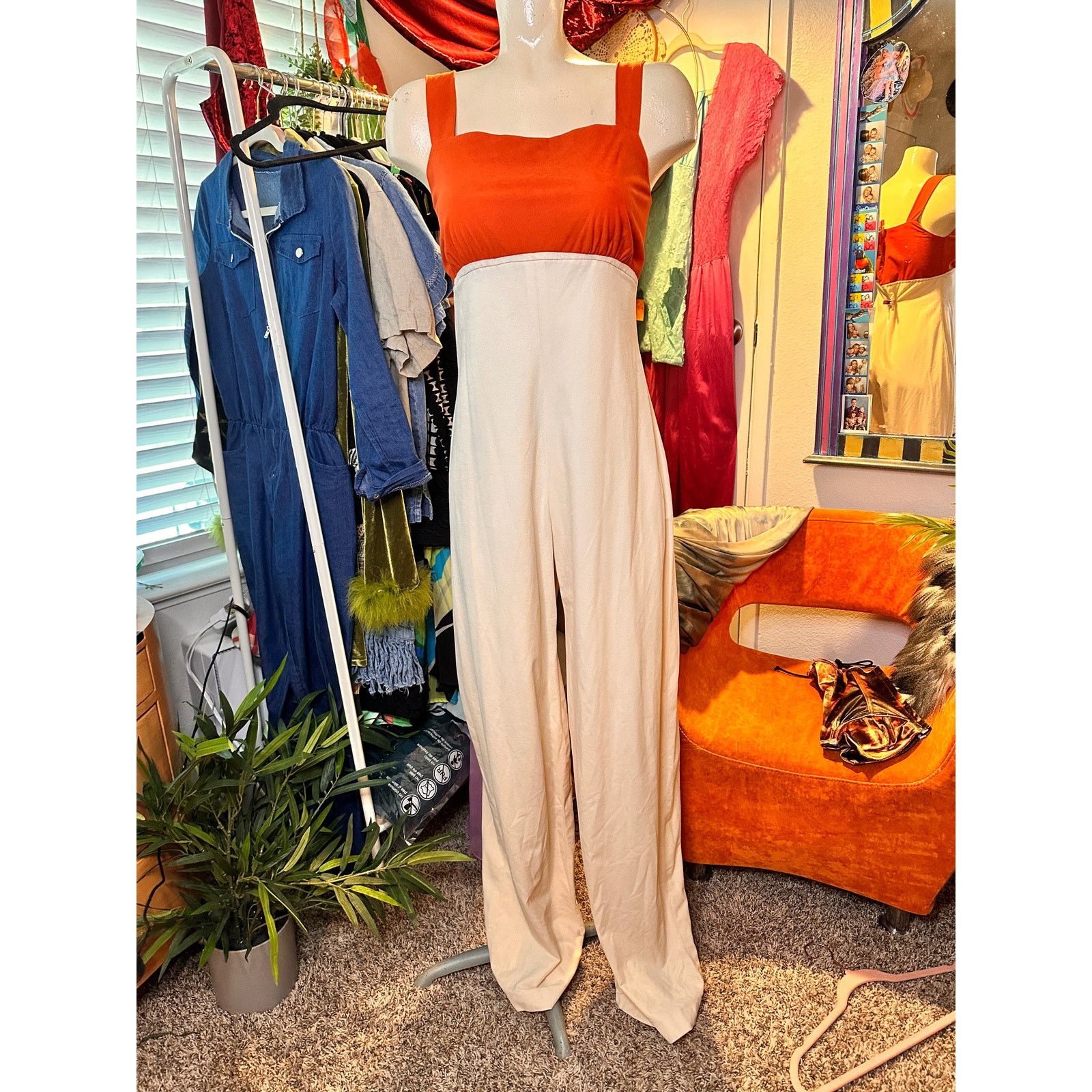 Homemade Retro 1970s Orange and Cream Jumpsuit Size 27" / US 4 / IT 40 - 4 Thumbnail