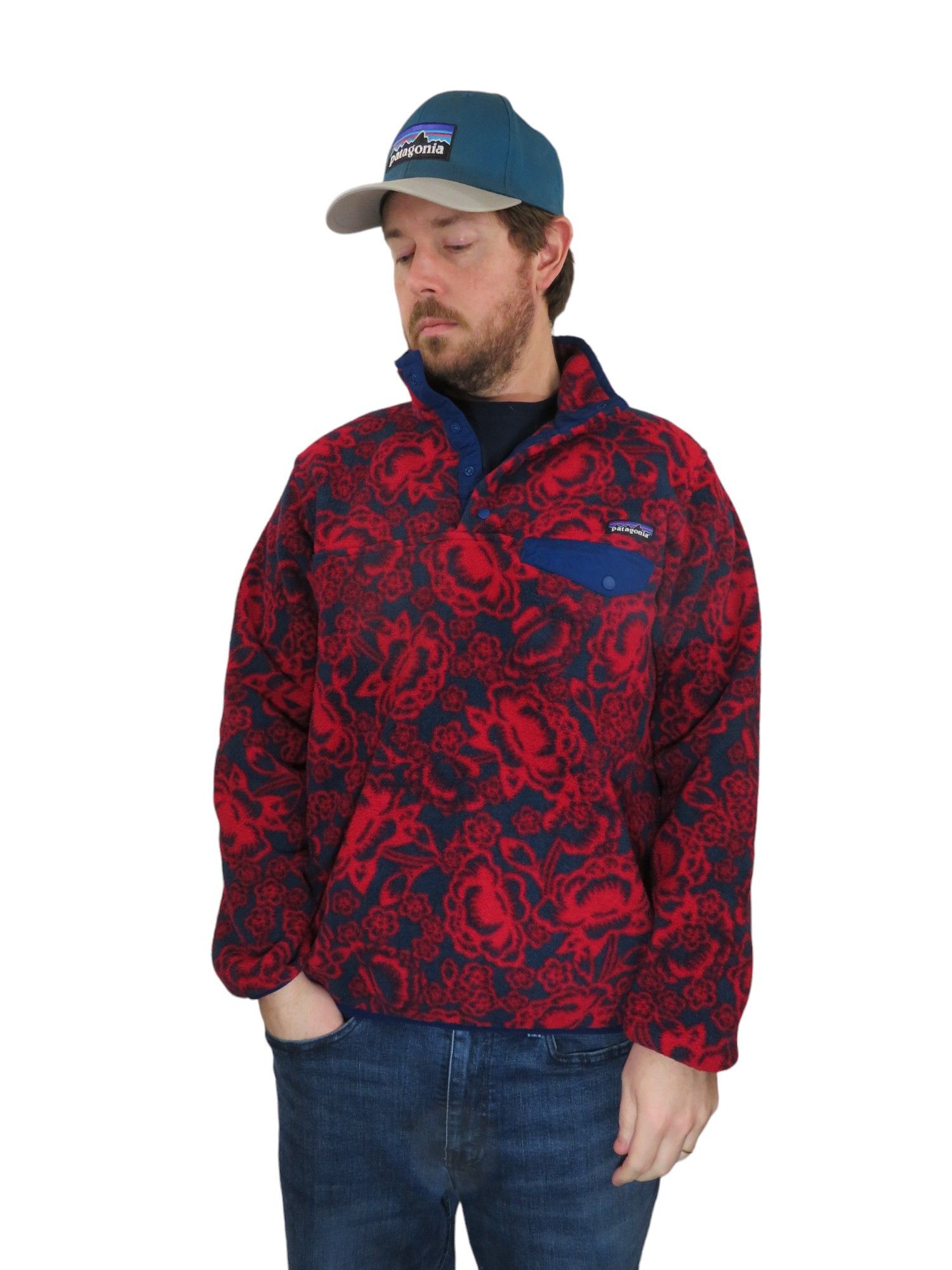 image of Outdoor Life x Patagonia 15' Synchilla Snap-T Red Lotus Flower Jacket, Men's (Size Medium)