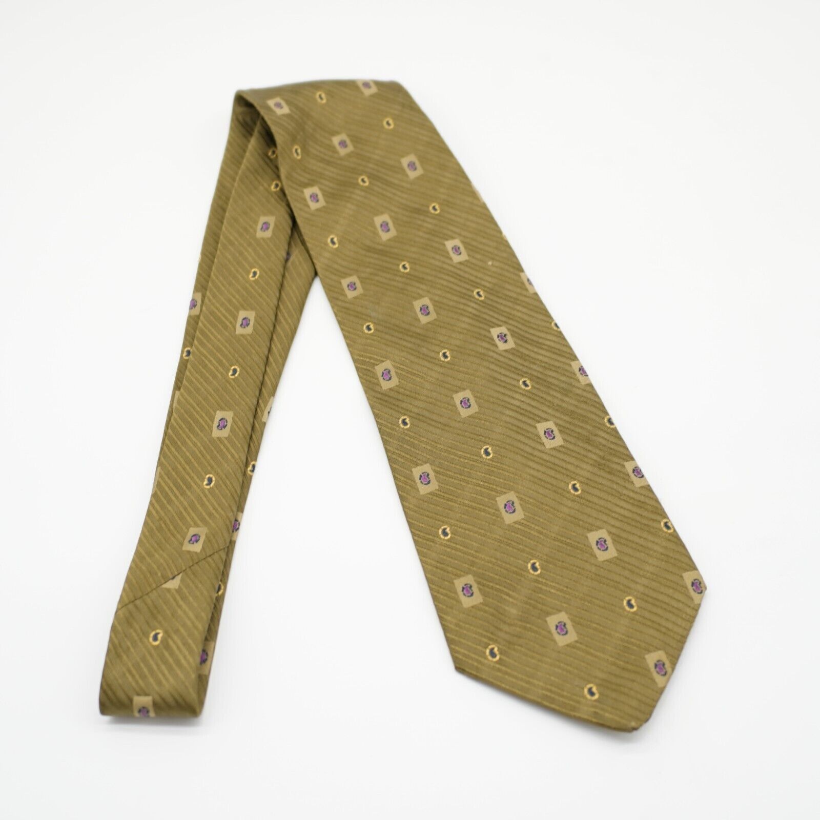 Vintage Shevel's Striped Paisley Green Beige Woven Wide Silk Tie USA Size ONE SIZE - 6 Thumbnail