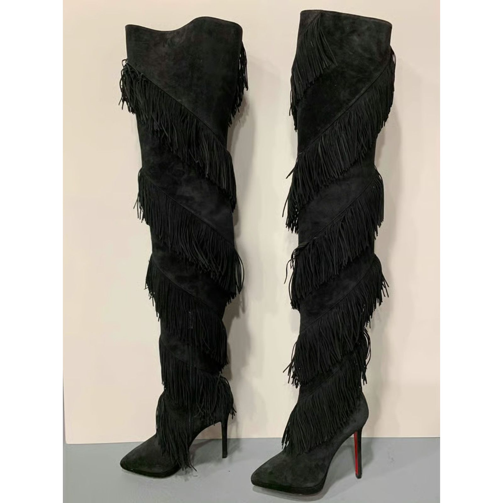 Christian Louboutin Christian Louboutin Bolcheva 120 Black Fringe Thigh High OTK Size US 6.5 / IT 36.5 - 11 Thumbnail