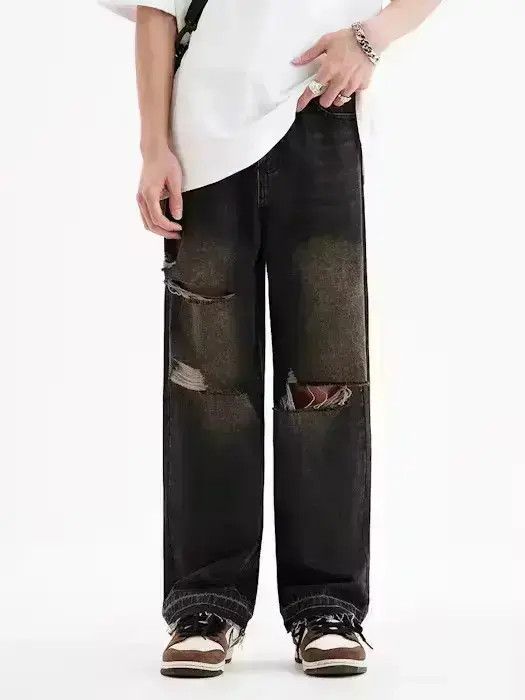 Japanese Brand Black distressed washed straight denim jeans Size US 34 / EU 50 - 4 Thumbnail