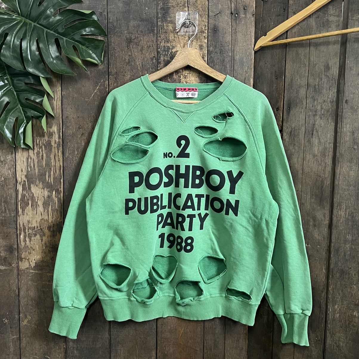 image of If Six Was Nine Poshboy Publication Party 1988 Distressed Sweatshirt in Green, Men's (Size Medium)