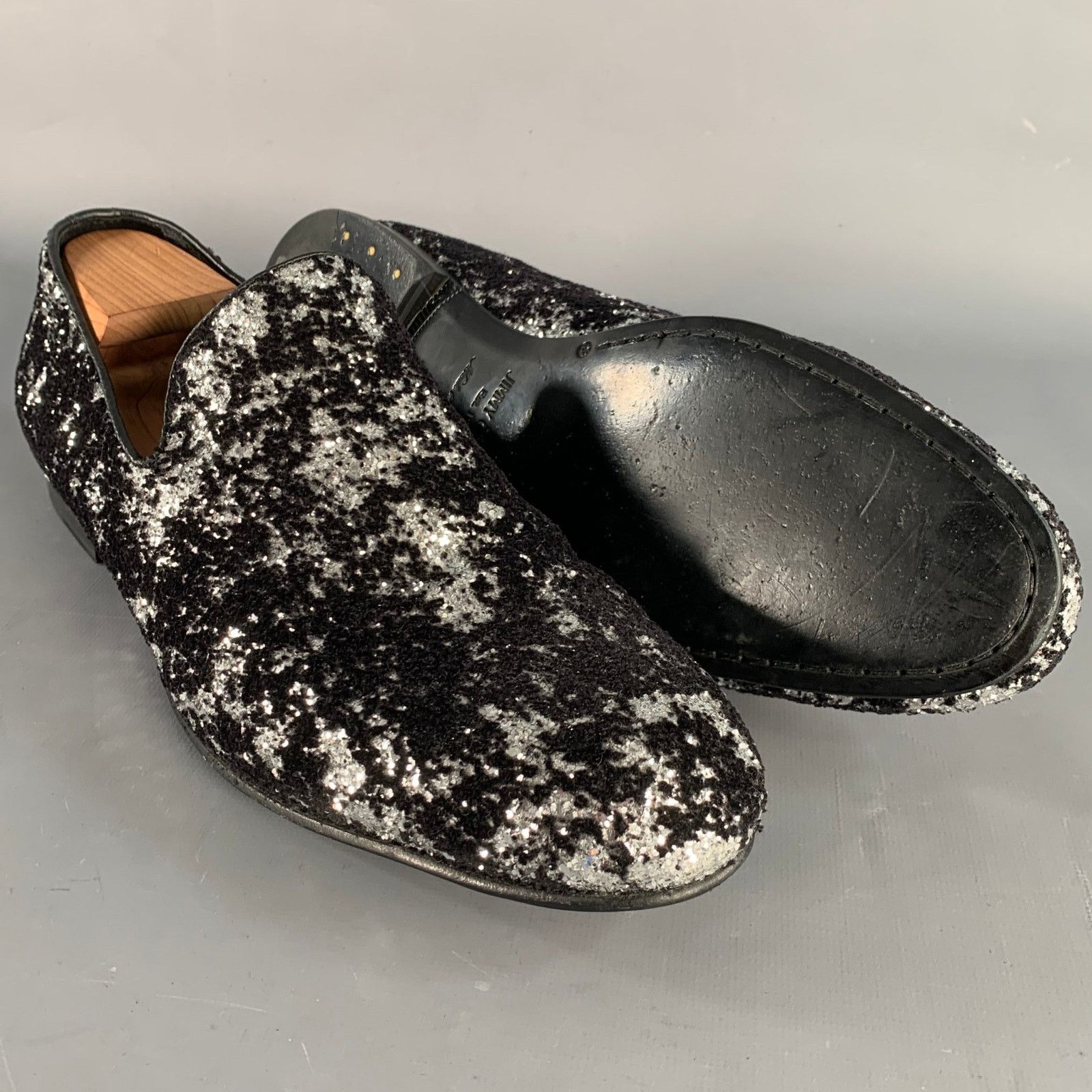 Jimmy Choo 11 Velvet Glitter Devore Sloan Black Silver Slip On Loafers Size US 11 / EU 44 - 5 Thumbnail