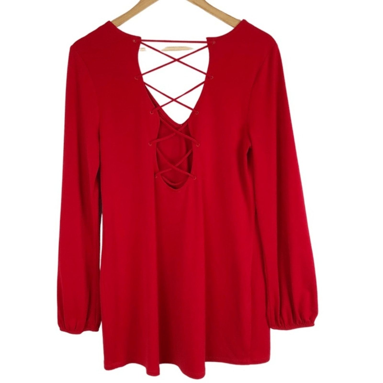 Express Express Women’s Red Lace Up Long Sleeve Sexy Blouse Size M / US 6-8 / IT 42-44 - 8 Thumbnail