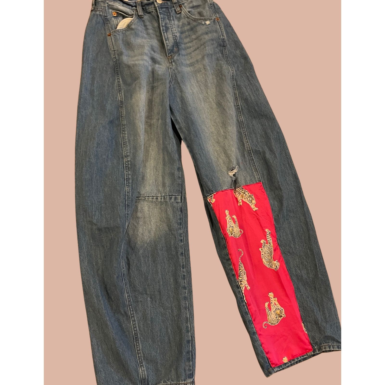 Handmade Size 4 Upcycled Tiger Jeans Boho Indie Funky Size 27" / US 4 / IT 40 - 1 Thumbnail
