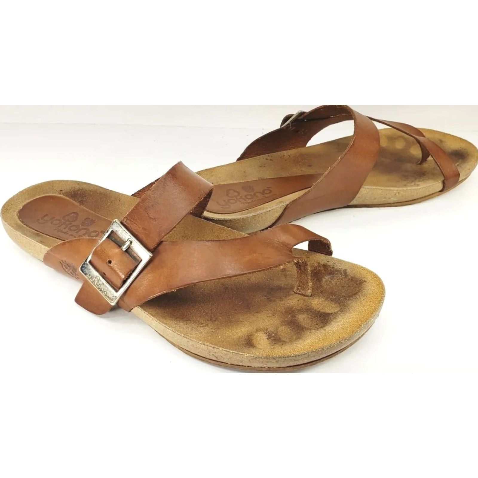 Vintage Yokono Ibiza Saddle Leather Round Toe Loop Strap Sandals Women's Size 6.5 Saddle Brown Leather Comfort Sandals Size US 7 / IT 37 - 2 Thumbnail