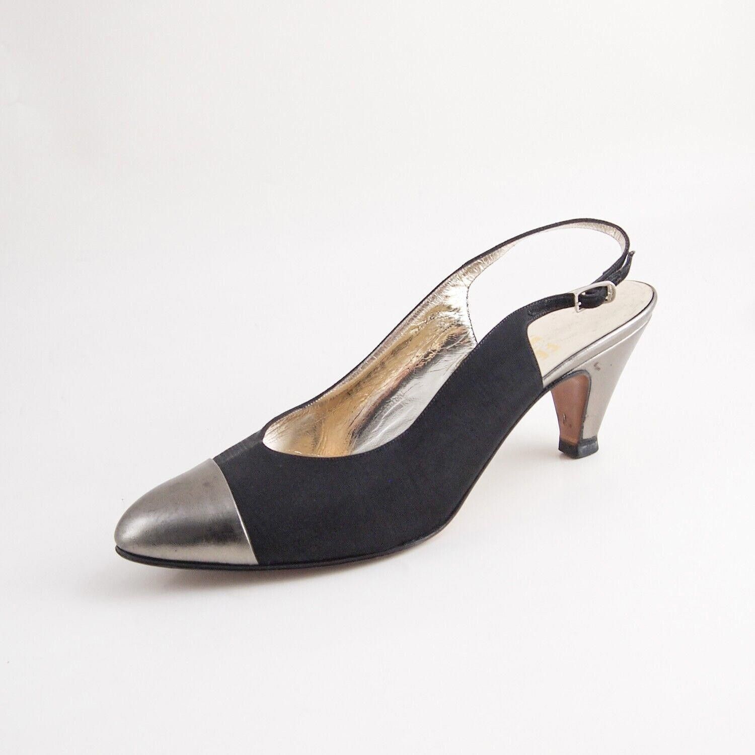Salvatore Ferragamo Ferragamo Slingback Sandals Black Canvas Silver Cap Tee US 8 Size US 8 / IT 38 - 2 Thumbnail