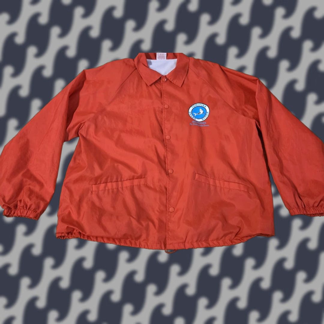 Coach VINTAGE Cardinal Jacket Mens XL Snap Front Windbreaker Raglan Stripes Red Tahitian Shark Diver 90s Size US XL / EU 56 / 4 - 1 Thumbnail