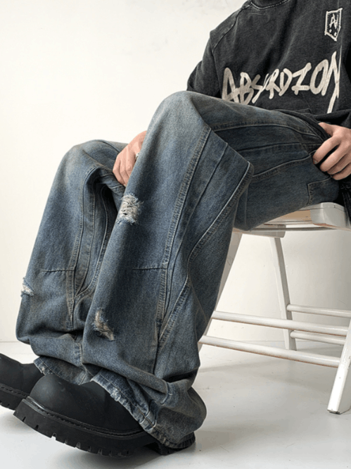 Japanese Brand × Jean American washed wide-leg street cool distressed jeans Size US 34 / EU 50 - 4 Thumbnail