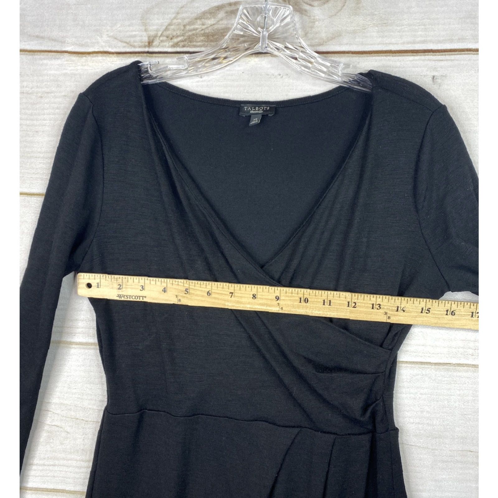 Talbots Talbots Dress Womens XS Classic Black Wool Blend Sheath Faux Wrap Long Sleeve V-Neck Zip Knee Length Size XS / US 0-2 / IT 36-38 - 5 Thumbnail