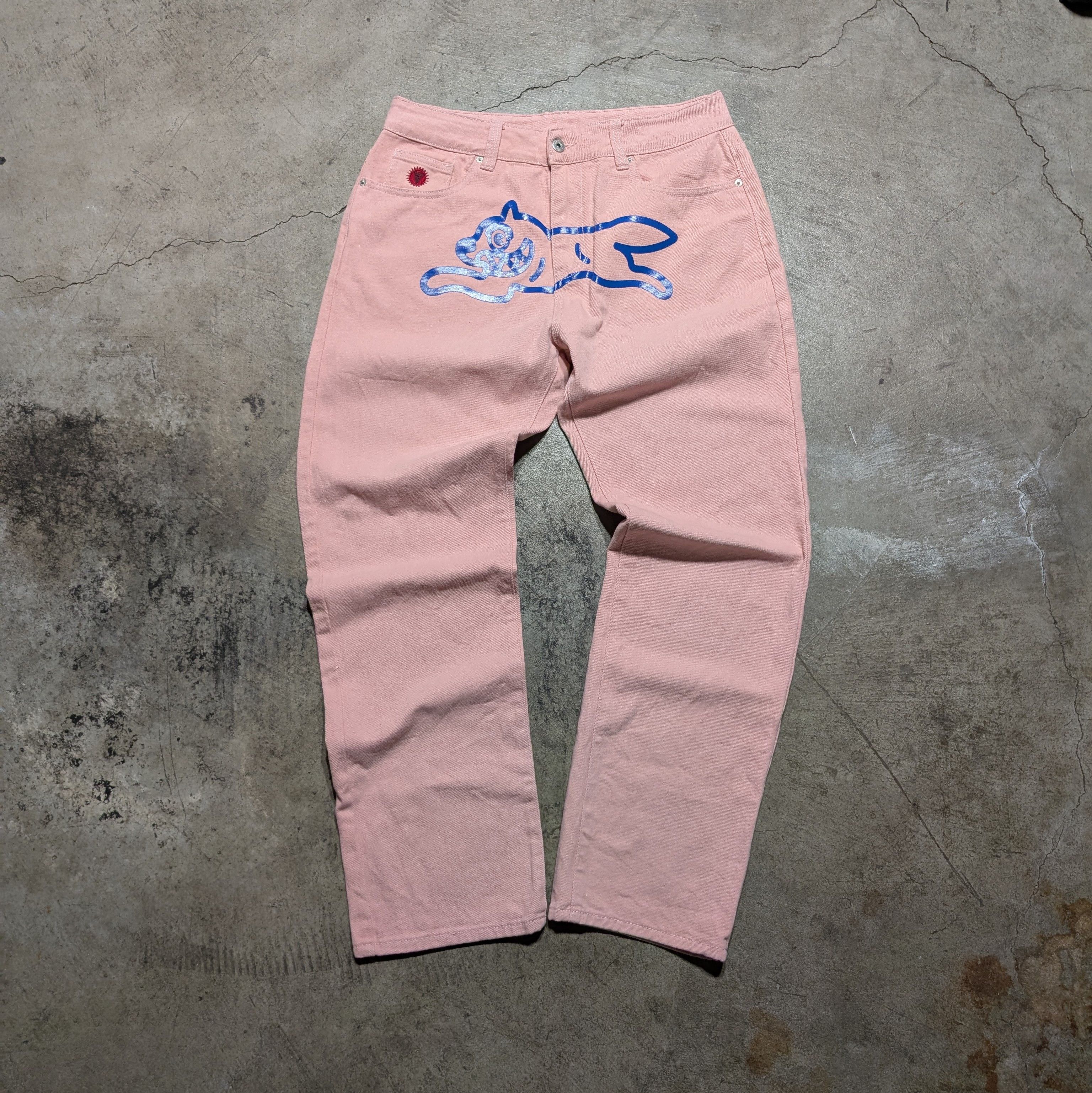 Billionaire Boys Club Pink Running Dog Embroidered Baggy Jeans EU Size US 35 - 1 Thumbnail