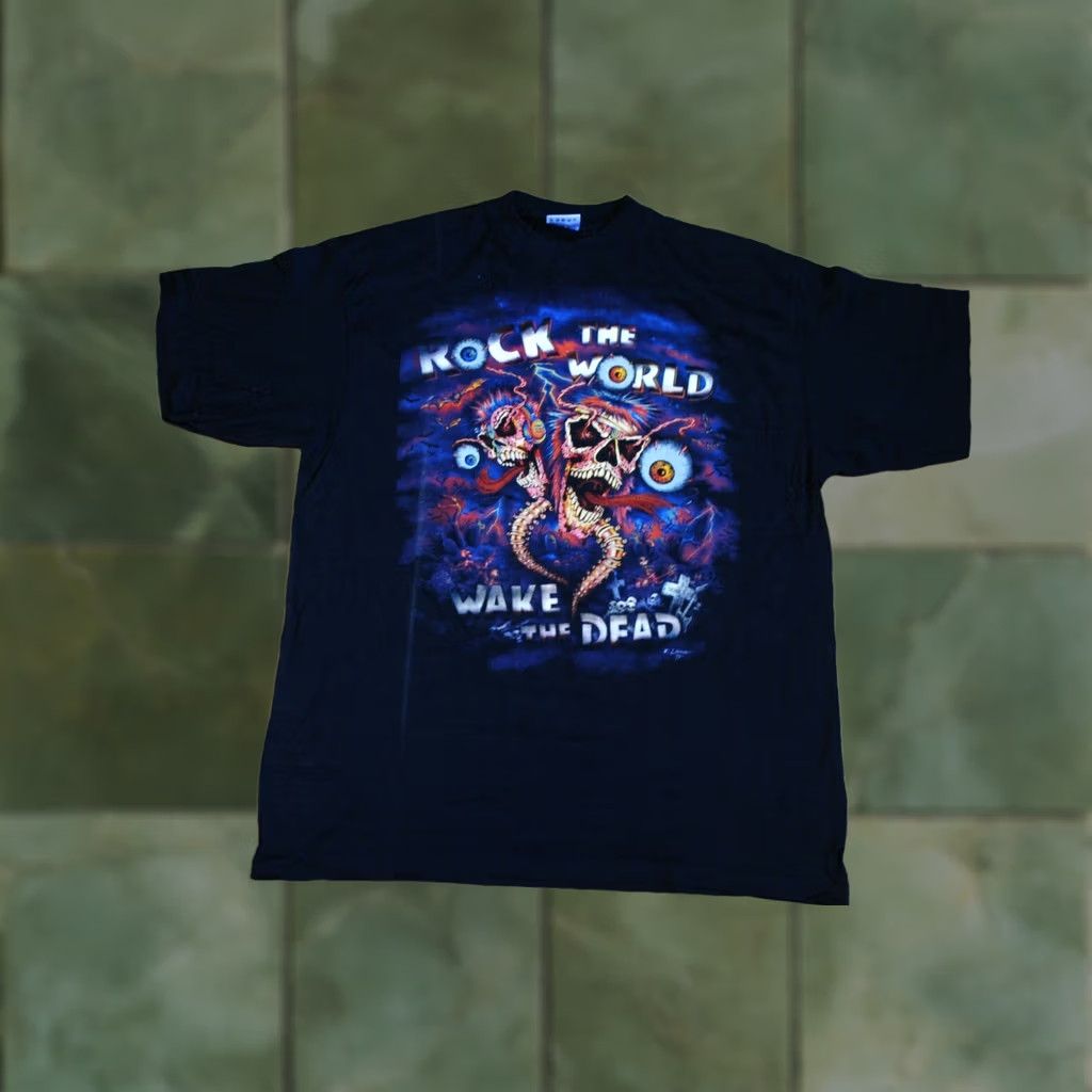 Vintage VINTAGE SPIRAL DESIGN T-Shirt Mens XL Black 100% Cotton Short Sleeve Skull 1995 Rock the World Wake the Dead Size US XL / EU 56 / 4 - 1 Thumbnail