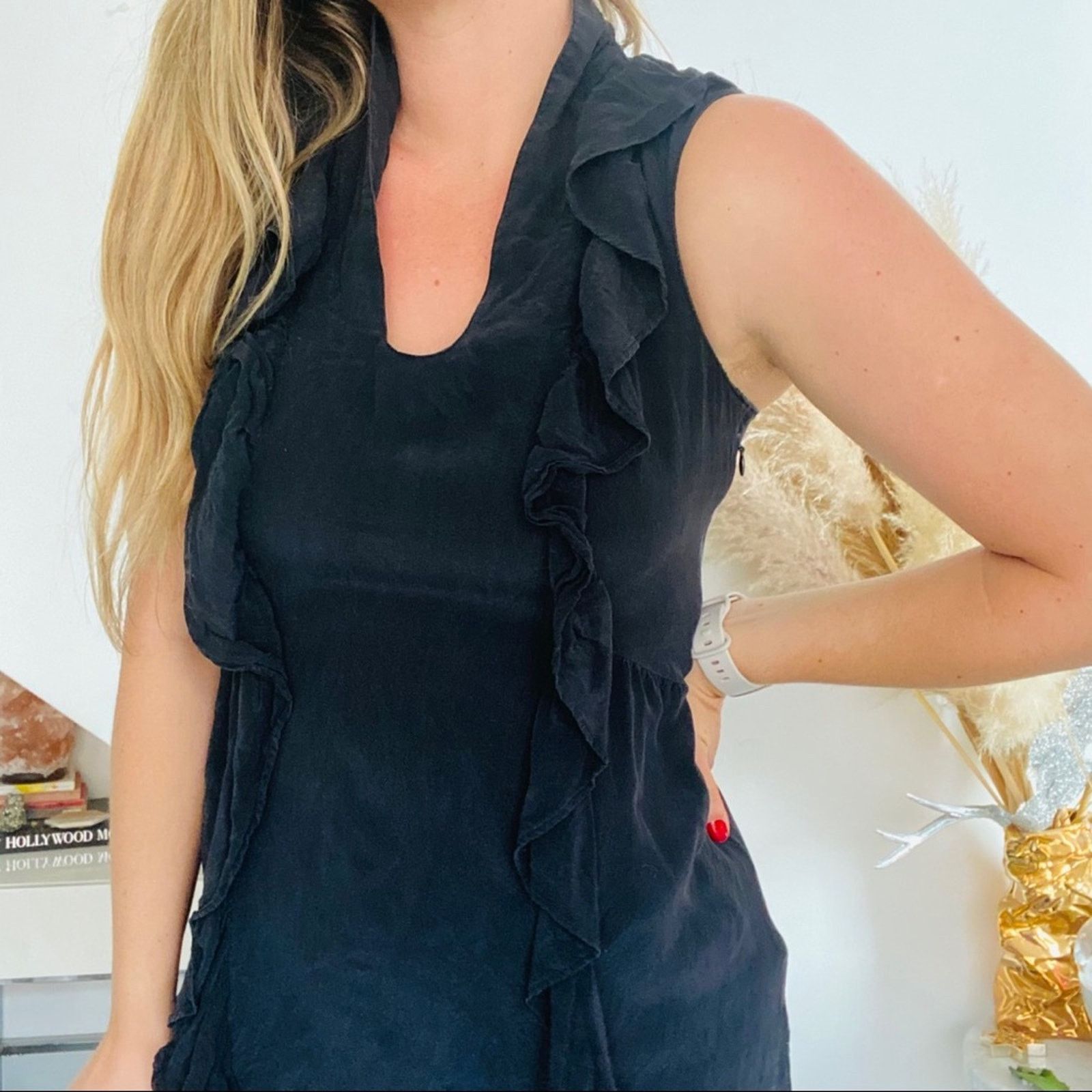 Forever 21 FOREVER 21 Silk Black Ruffle Mini Tank Top Sleeveless Dress Size L / US 10 / IT 46 - 4 Thumbnail
