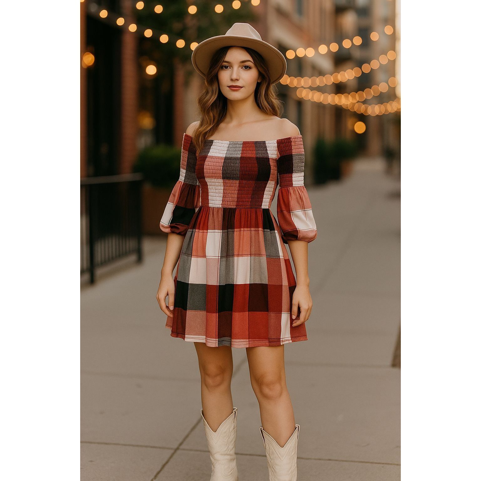 Other 205 Collins Red Plaid Smocked Off Shoulder Flare Mini Dress Size S / US 4 / IT 40 - 3 Thumbnail