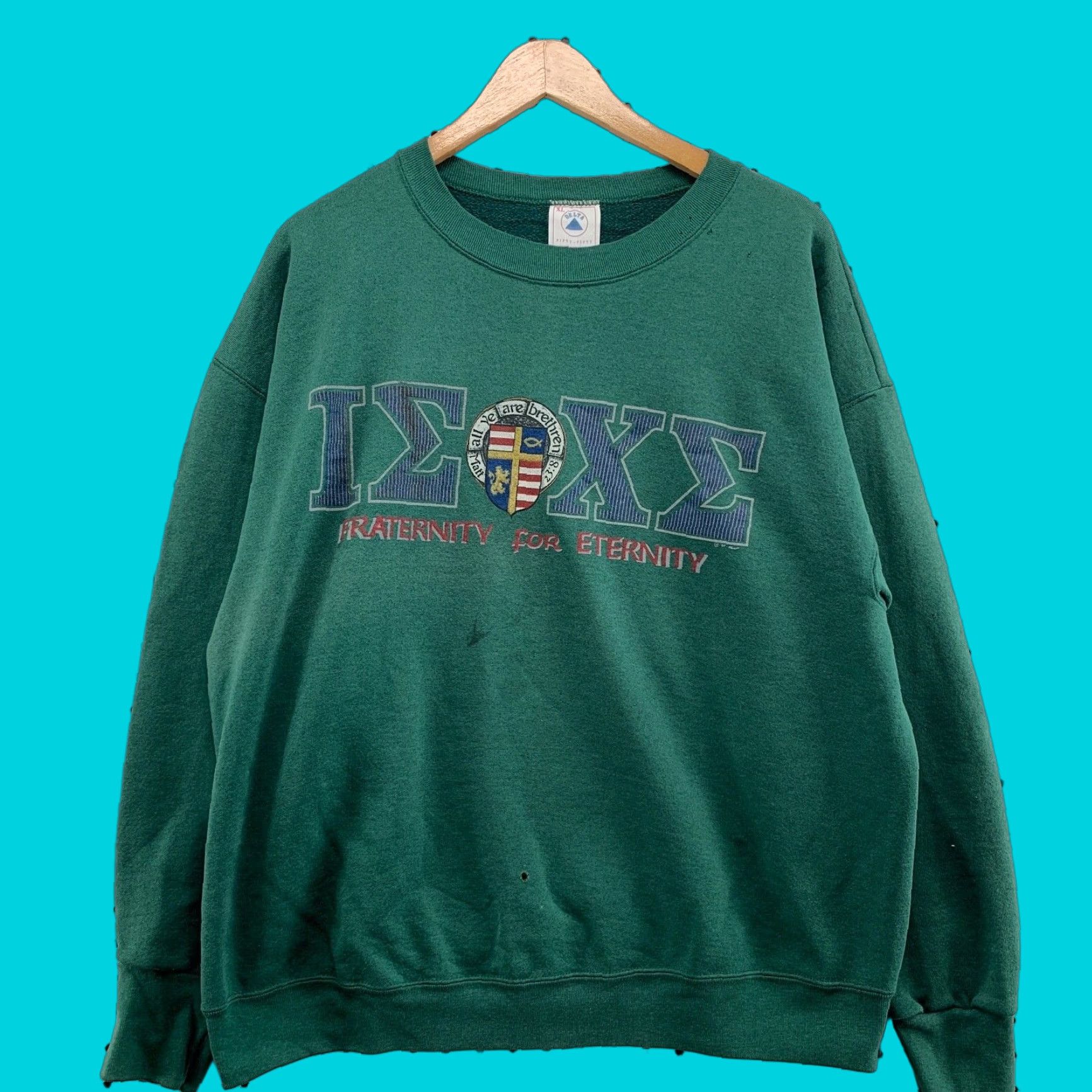 Delta VINTAGE Fraternity For Eternity Crew Neck Sweatshirt Mens XL Green IEXE 25X26 Delta Size US XL / EU 56 / 4 - 1 Thumbnail