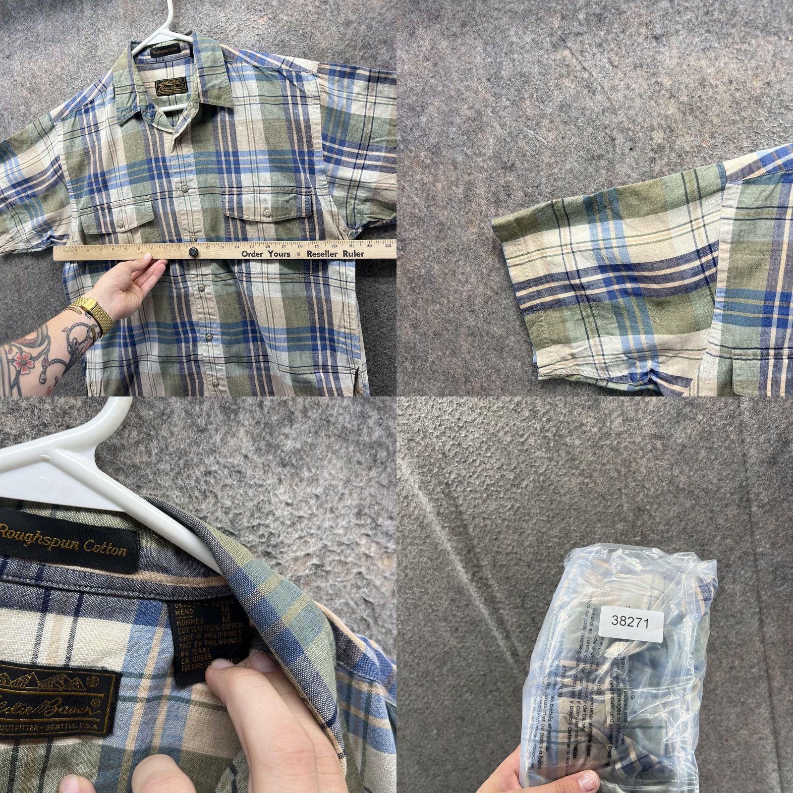 Eddie Bauer VINTAGE Eddie Bauer Shirt Mens M Green Blue Plaid Roughspun Cotton Short Sleeve Size US M / EU 48-50 / 2 - 8 Thumbnail