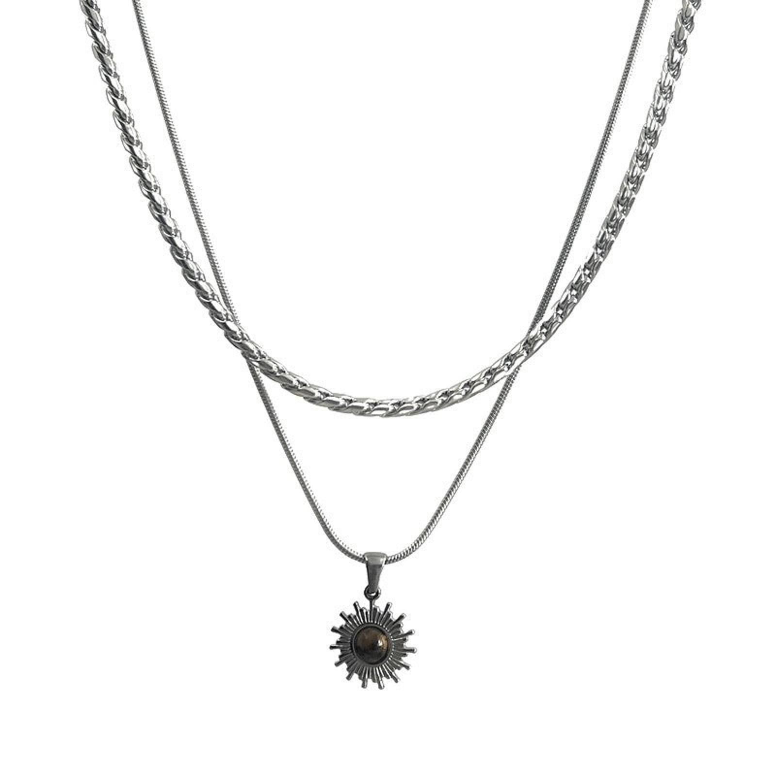 Jewelry Silver Layered Necklace with Sun Pendant Size ONE SIZE - 6 Thumbnail