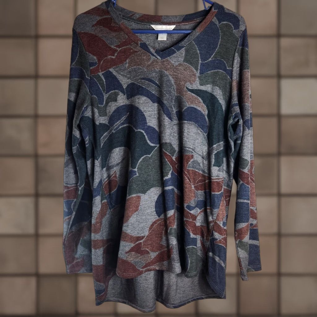 Vintage Christopher & Banks Womens Tunic Long Sleeve Gray Abstract V-Neck Pullover Casual Fall L Size L / US 10 / IT 46 - 1 Thumbnail
