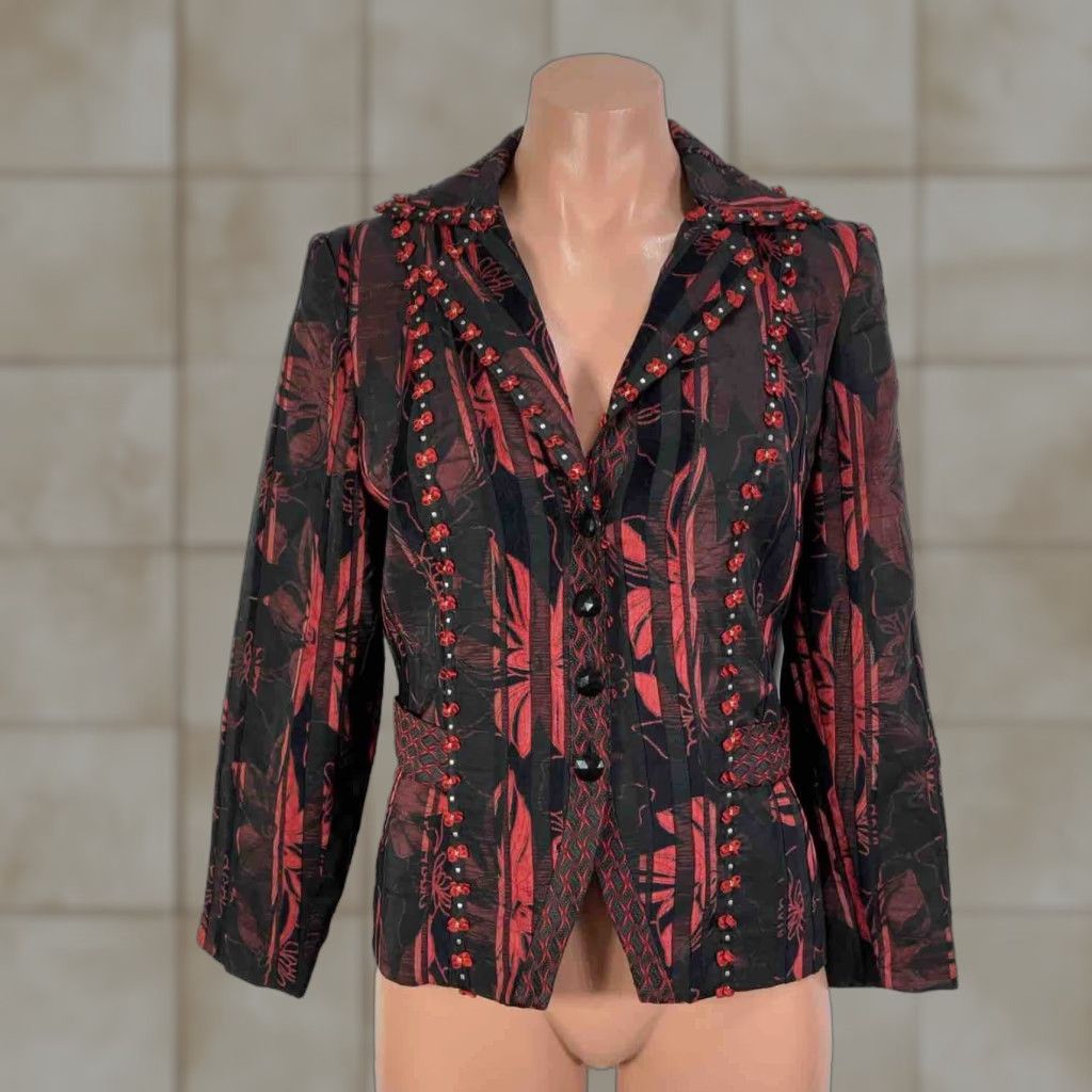 VINTAGE Canvasbacks Blazer Jacket Tapestry Floral Embellished Silk Blend Size 6 Multi-Color 1990s Arts & Crafts Womens Men?