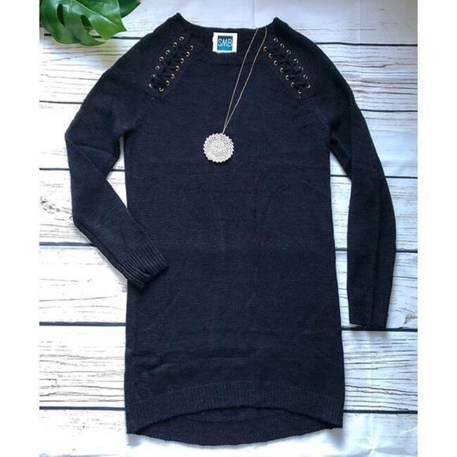 Other Black Long Sleeve Sweater Dress Lace Up Gold Rivet Grommet Size S / US 4 / IT 40 - 1 Preview