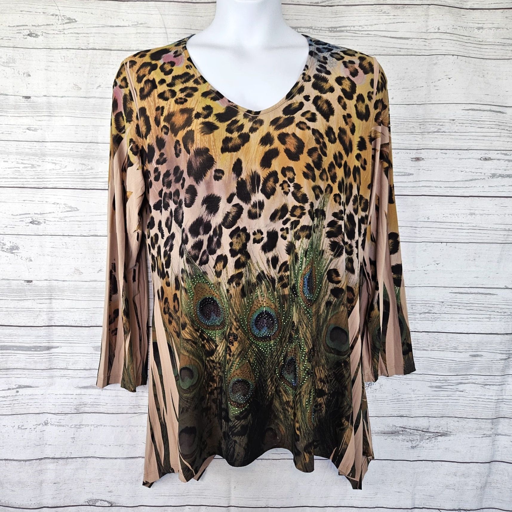 Vintage VINTAGE The Pyramid Collection Womens Top 1X Black Beige Animal Print Embellished Blouse Size XL / US 12-14 / IT 48-50 - 2 Thumbnail