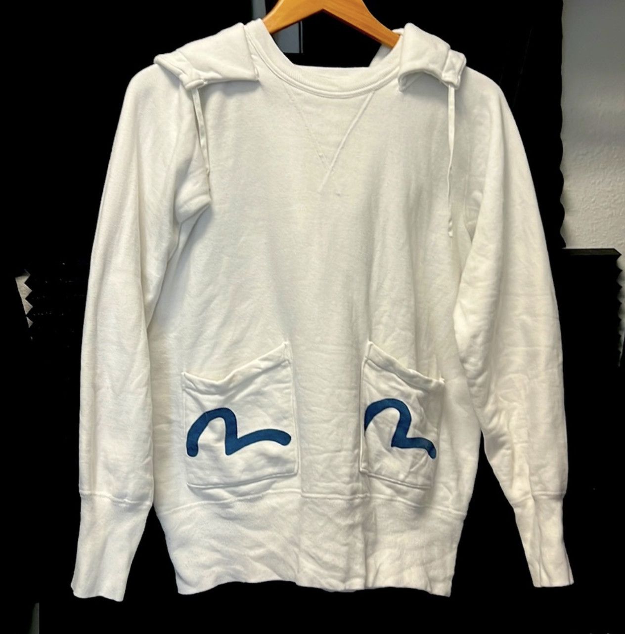 image of Evisu Front Pocket Hoodie in White/Blue, Men's (Size Small)