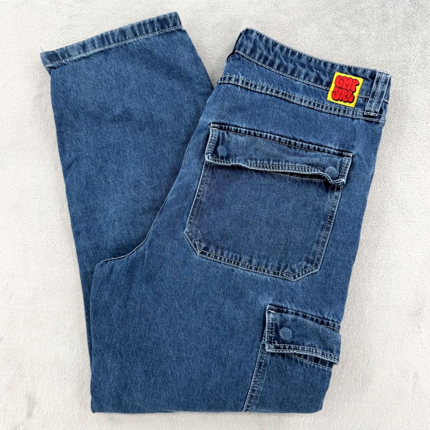 Empyre Empyre Jeans Cargo Cargo Pocket Jeans Medium Wash Blue Denim Skate Pants Men 34 Denim Wide-Leg Relaxed 5-Pocket Zip Button Mens Size 24" / US 00 / IT 34 - 2 Thumbnail