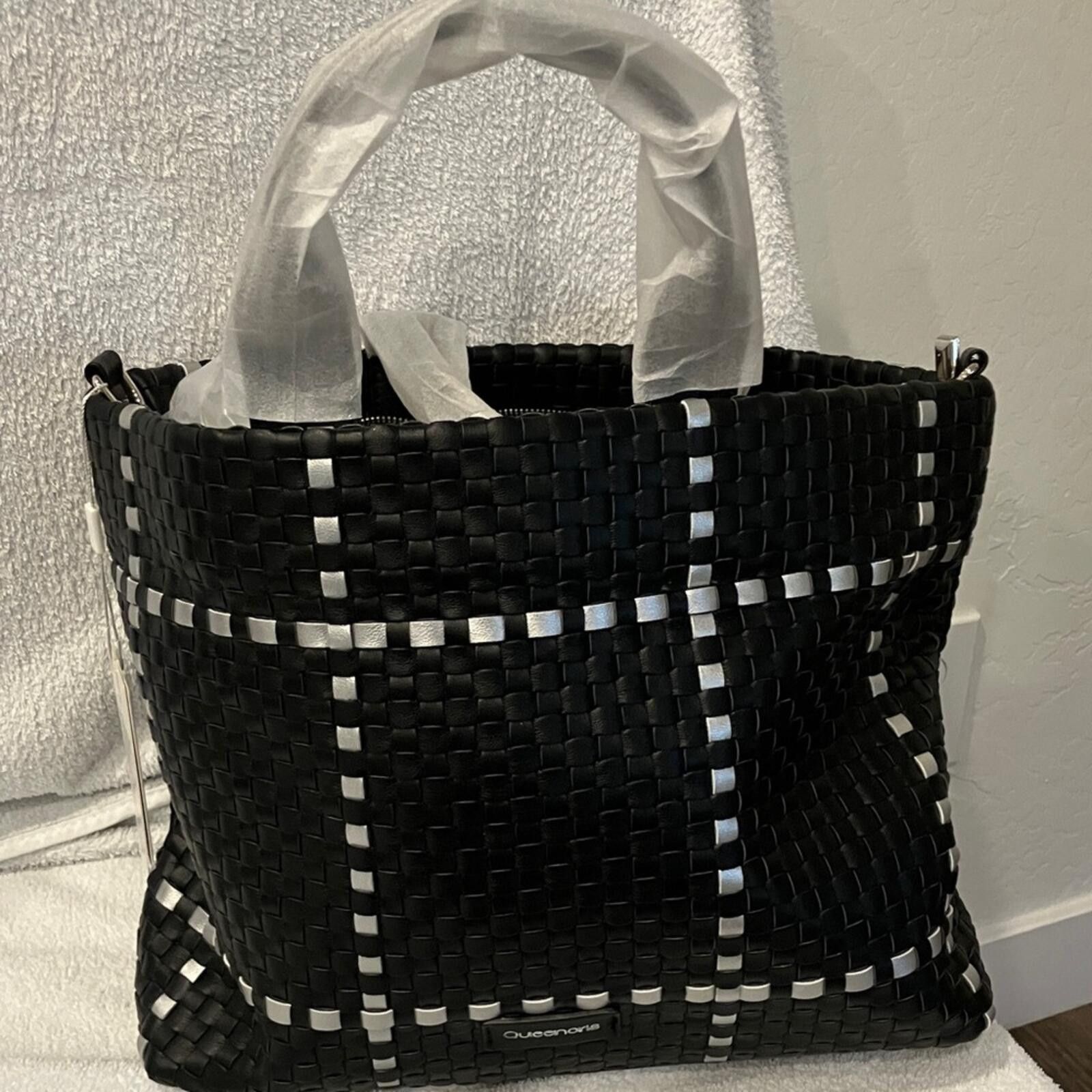Other NWT Black Woven Tote with White Check Pattern Size ONE SIZE - 1 Thumbnail