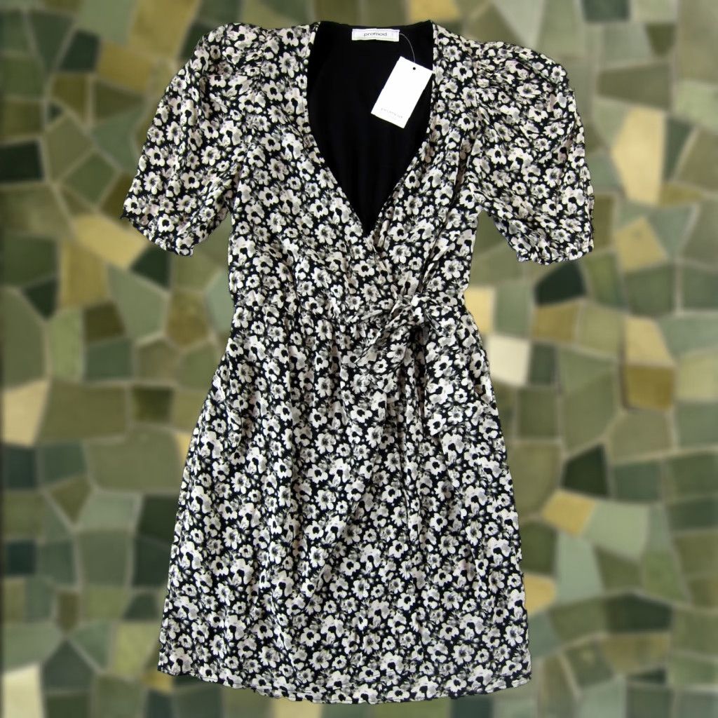 Vintage Promod Dress Womens Wrap Dress Short Sleeve Floral NWT Black White Sun V-Neck Lined Short Sun Dress Women Small Size 27" / US 4 / IT 40 - 1 Thumbnail