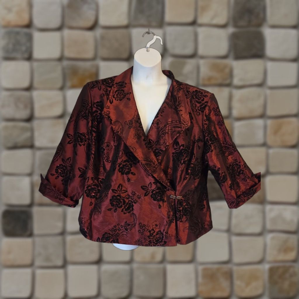 Vintage VINTAGE 90s R&L Richards Shiny Gothic Brocade Dress Jacket Burgundy 30 Plus Womens Jacket Size 4XL / US 24-26 - 1 Thumbnail