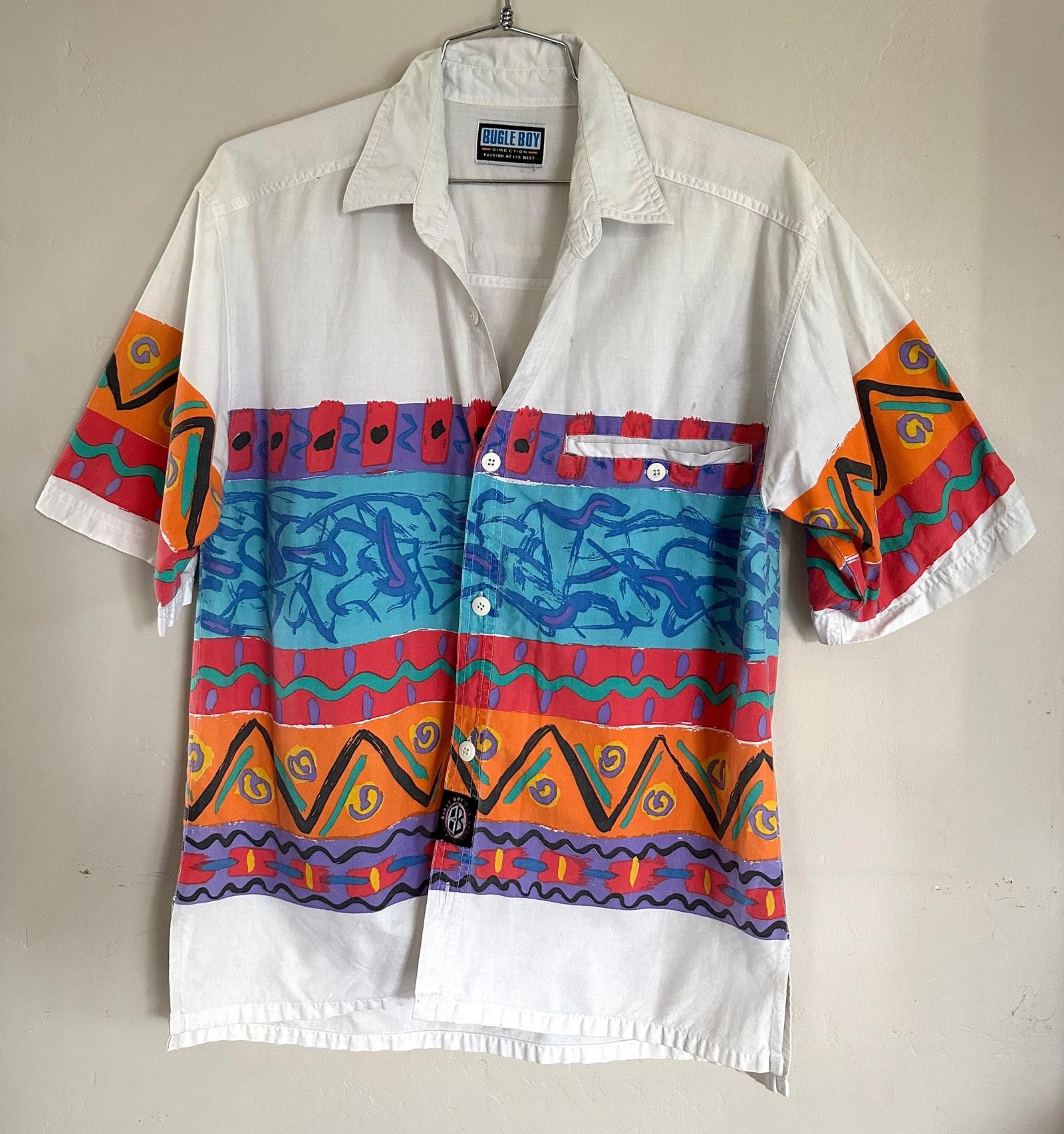 Designer 90s Bugle Boy Mens shirt M Button Surf Beach Geo 80s Vintage Size US M / EU 48-50 / 2 - 1 Thumbnail