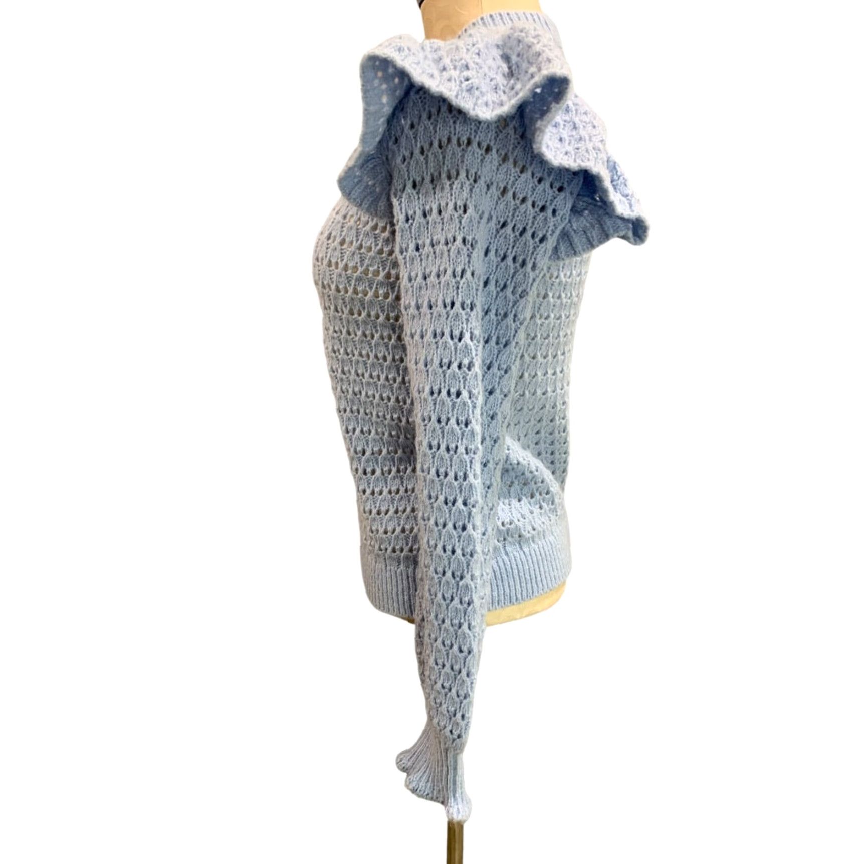Loft VINTAGE Loft XS Womens Blue Open Weave Sweater Ruffle Shoulder Pullover Size XS / US 0-2 / IT 36-38 - 4 Thumbnail