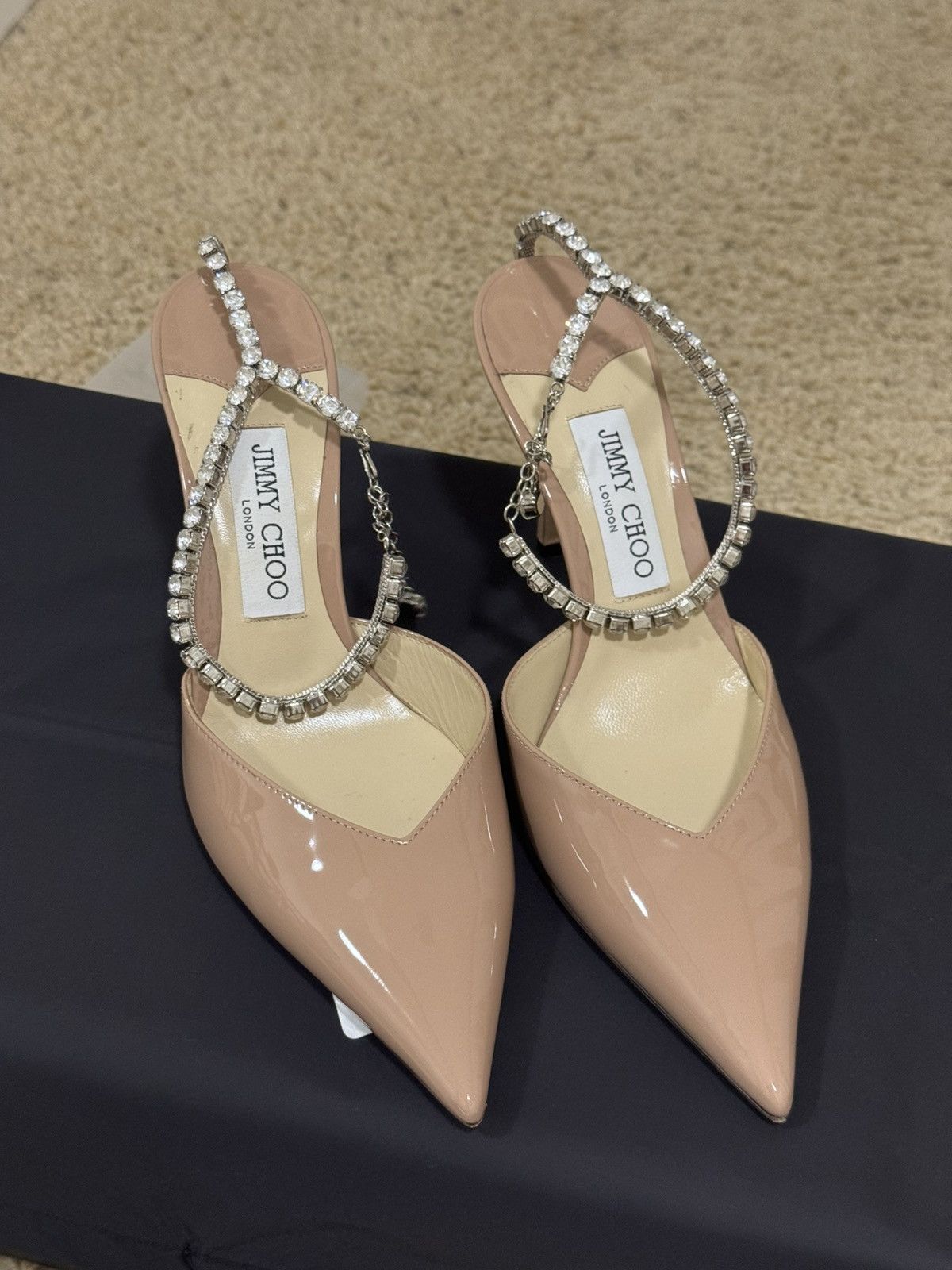 JIMMY CHOO Saeda 85 crystal-embellished patent-leather pumps