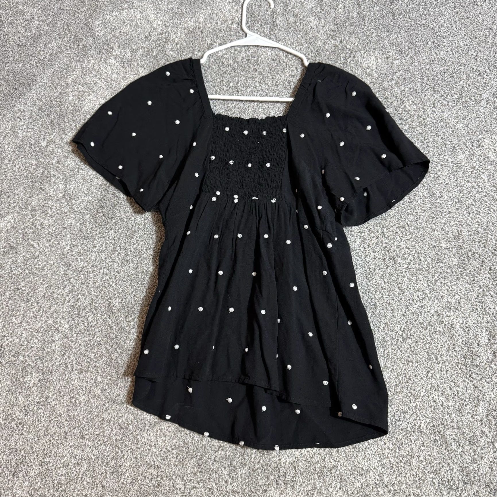 Loft Loft Peasant Top Womens Small Petite Cottagecore Boho Embroidered Dots Smocked Blouse V-Neck Puff Sleeve Black Rayon Size S / US 4 / IT 40 - 7 Thumbnail