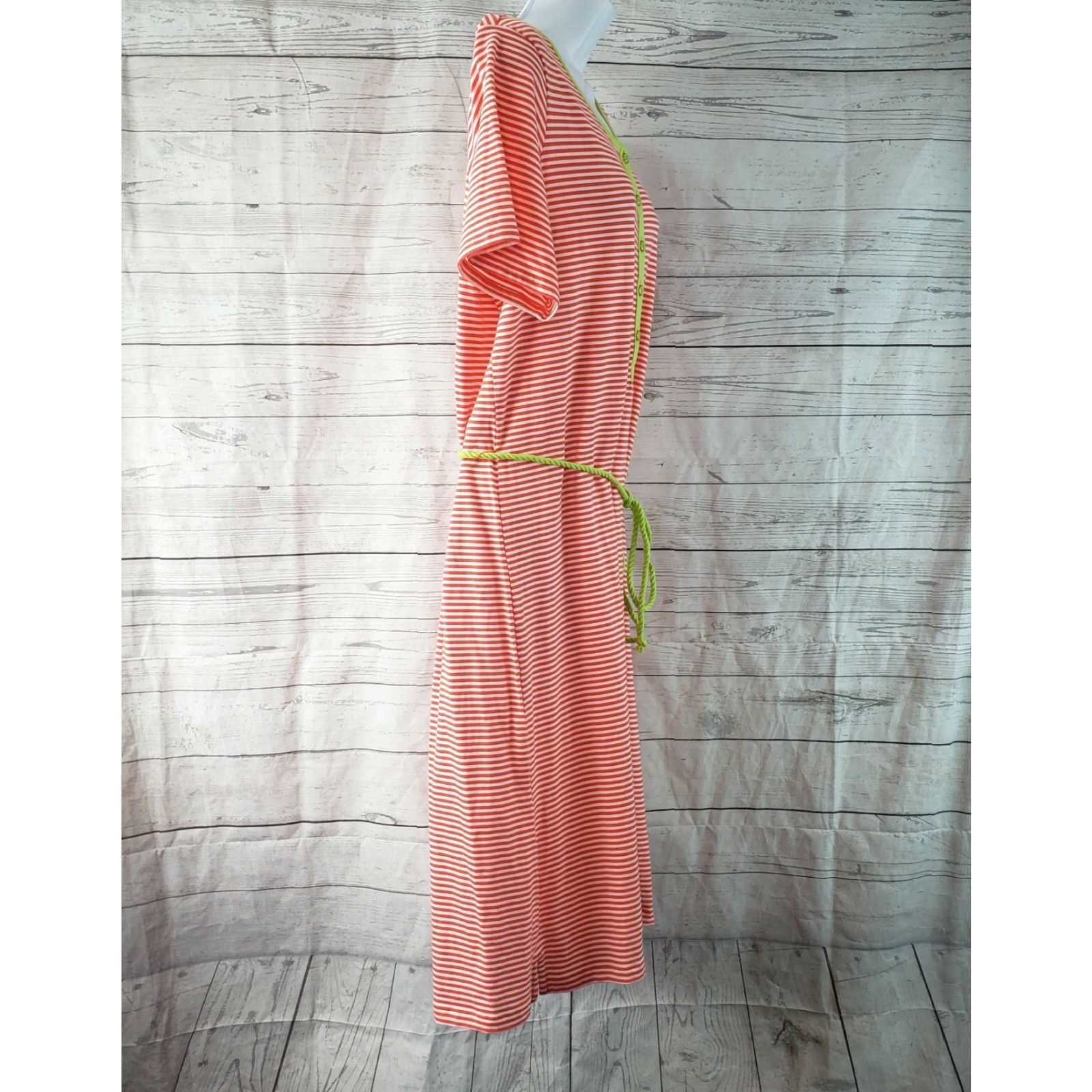 Lands' End VINTAGE Lands End Womens Dress Sz 14W Coral Pink Striped Short Sleeve Cotton Blend Size 36" / US 14 / IT 50 - 3 Thumbnail