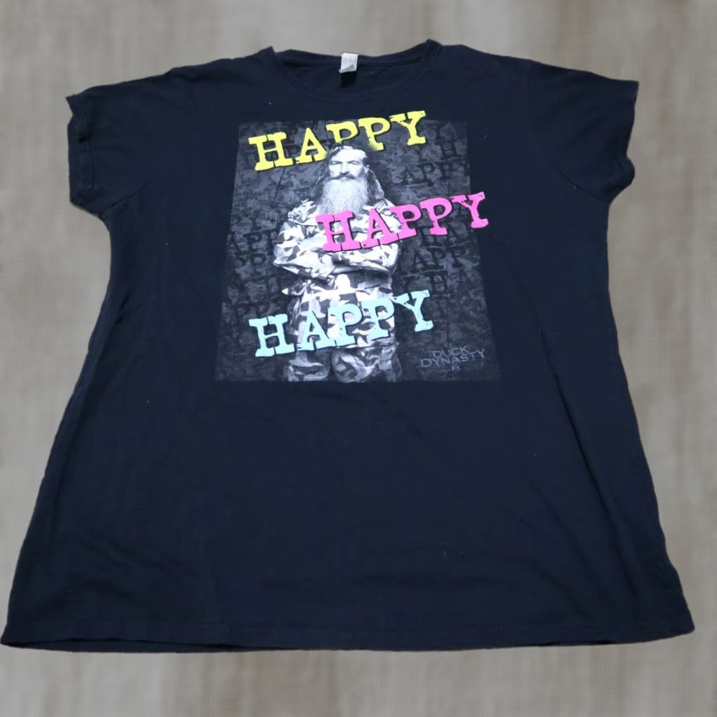 Gildan VINTAGE Duck Dynasty "Happy Happy Happy" Phil Robertson Shirt Women 2XL XXL Black Crew Neck Short Sleeve Graphic Tee 100% Cotton Gildan Ladies Size XXL / US 16-18 / IT 52-54 - 1 Thumbnail